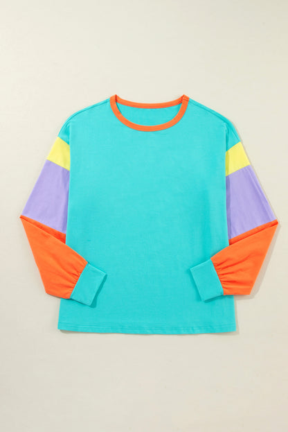 Light Blue Colorblock Patchwork Long Sleeve Loose Top