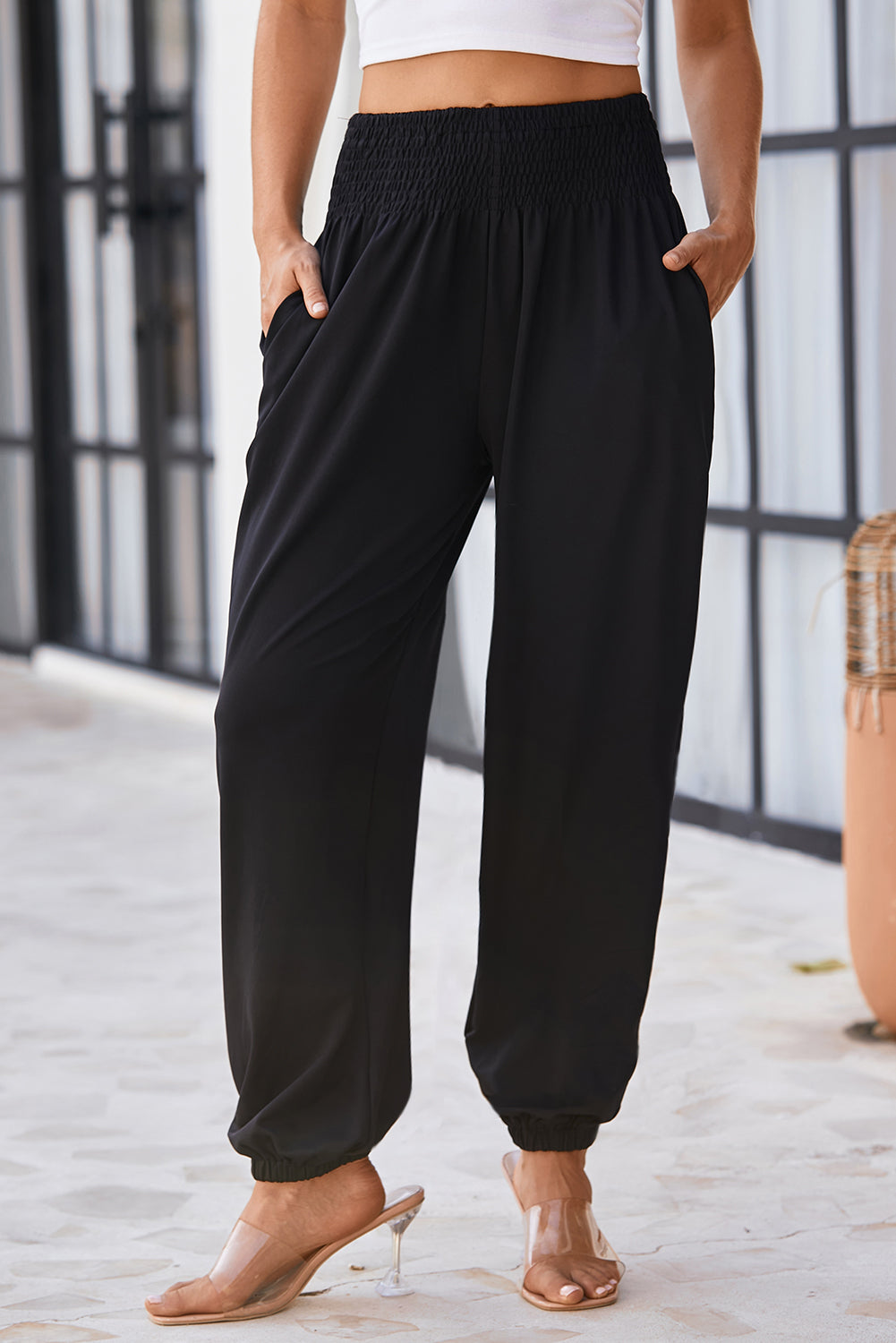 Black Pocket Smocked High Waist Joggers