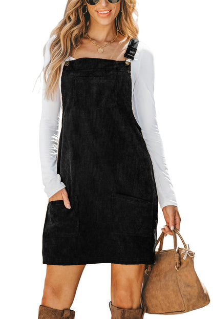 Plain Corduroy Pockets Overall Dress