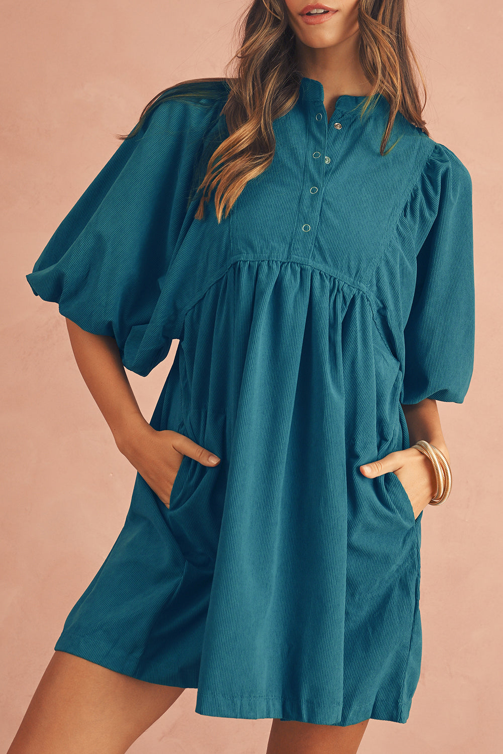 Snap Button Empire Waist Lantern Sleeve Corduroy Dress Light Blue / L Snap Button Empire Waist Lantern Sleeve Corduroy Dress Light Blue / L