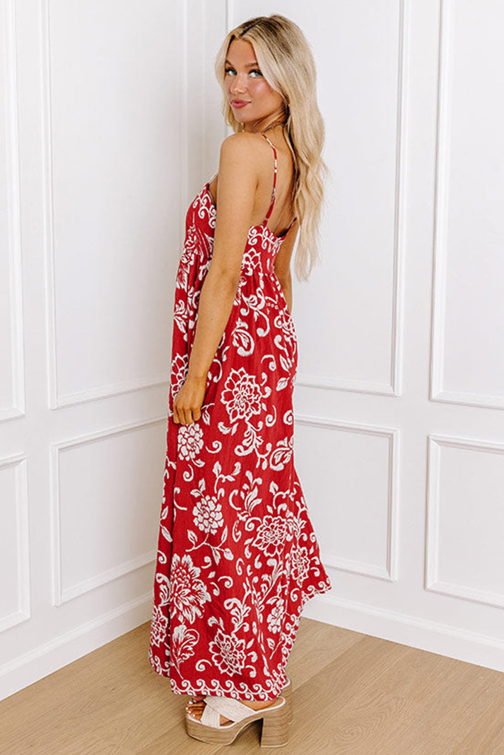 Red Floral Print Spaghetti Strap Empire Waist Maxi Dress Red / M