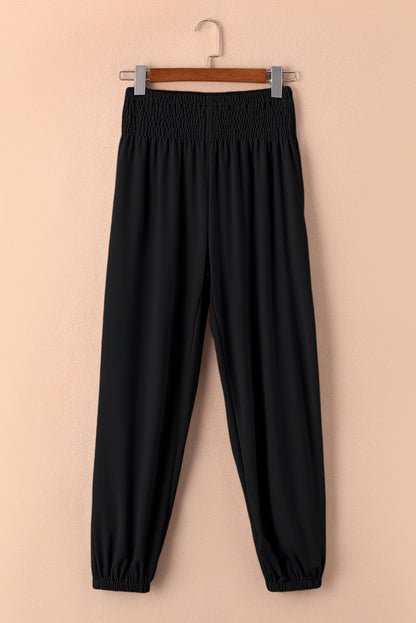 Black Pocket Smocked High Waist Joggers