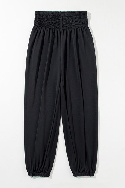 Black Pocket Smocked High Waist Joggers