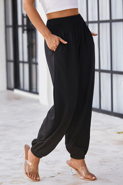 Black Pocket Smocked High Waist Joggers
