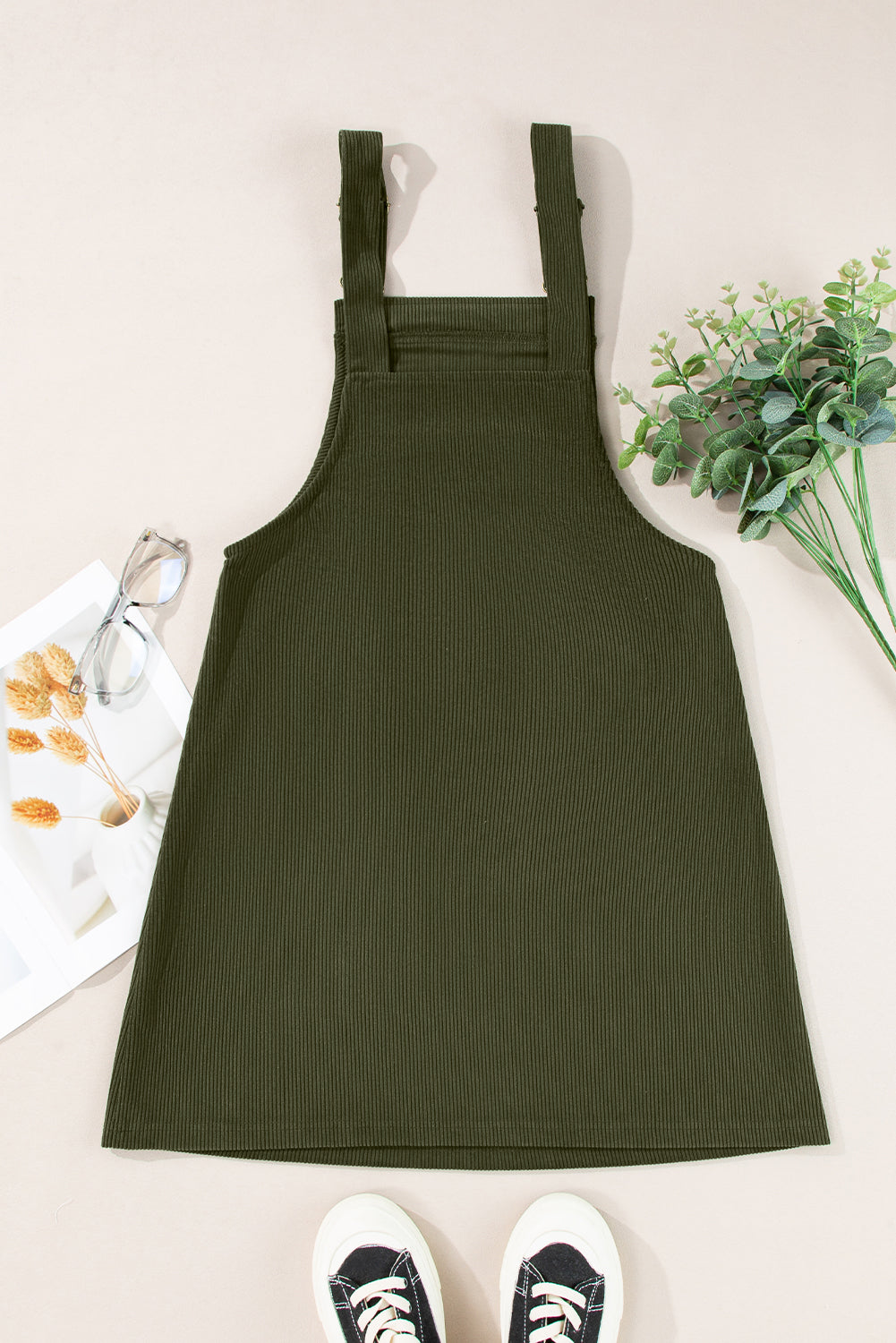 Plain Corduroy Pockets Overall Dress