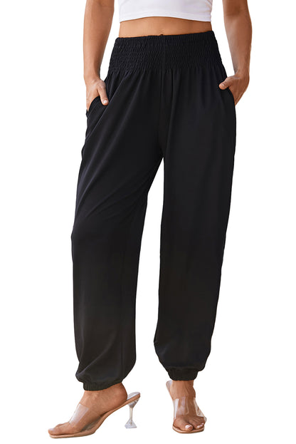 Black Pocket Smocked High Waist Joggers