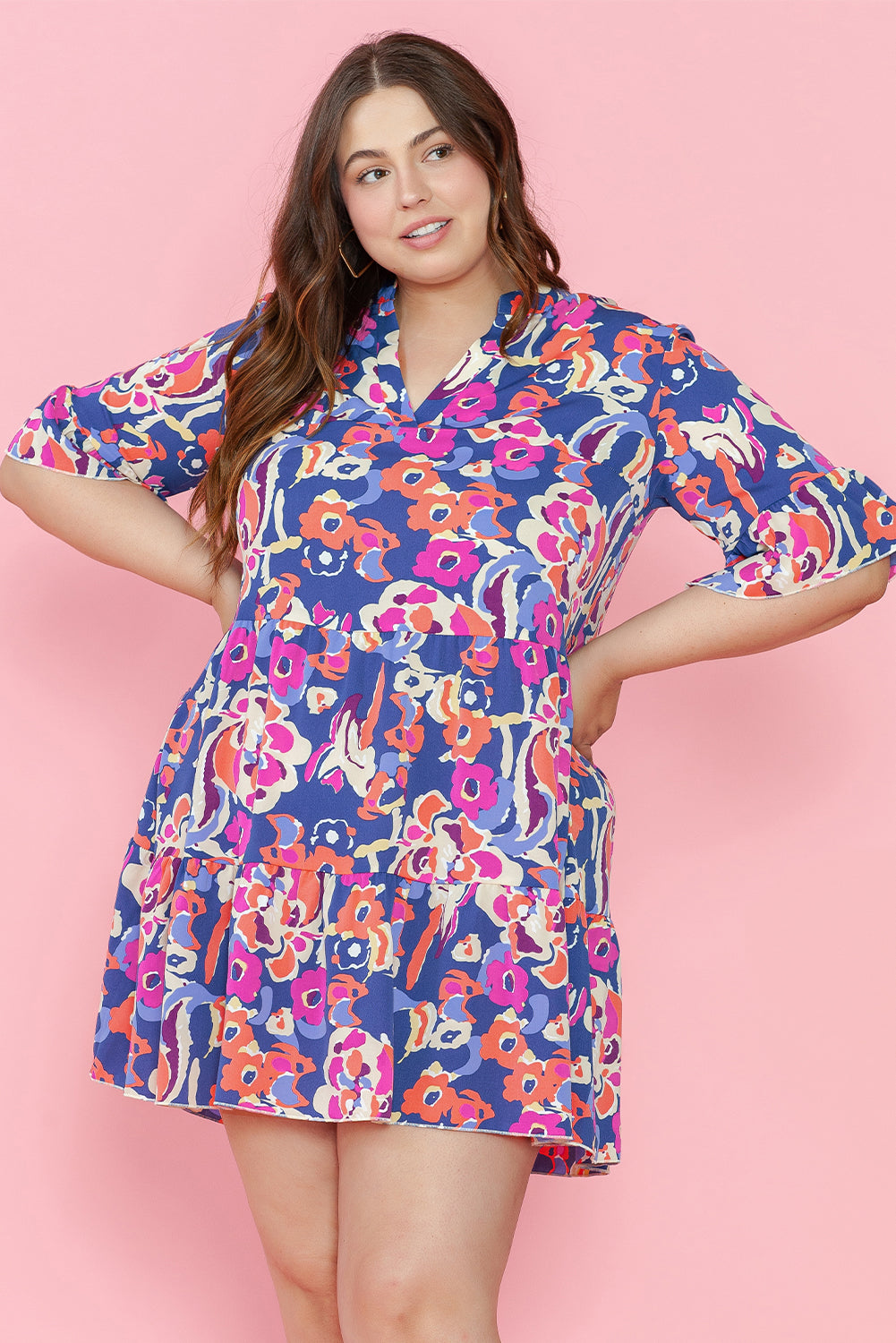 Plus Size Blue Floral Print Ruffled 3/4 Sleeve Mini Dress