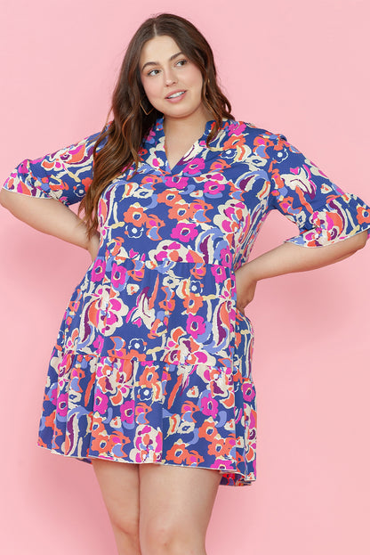 Plus Size Blue Floral Print Ruffled 3/4 Sleeve Mini Dress