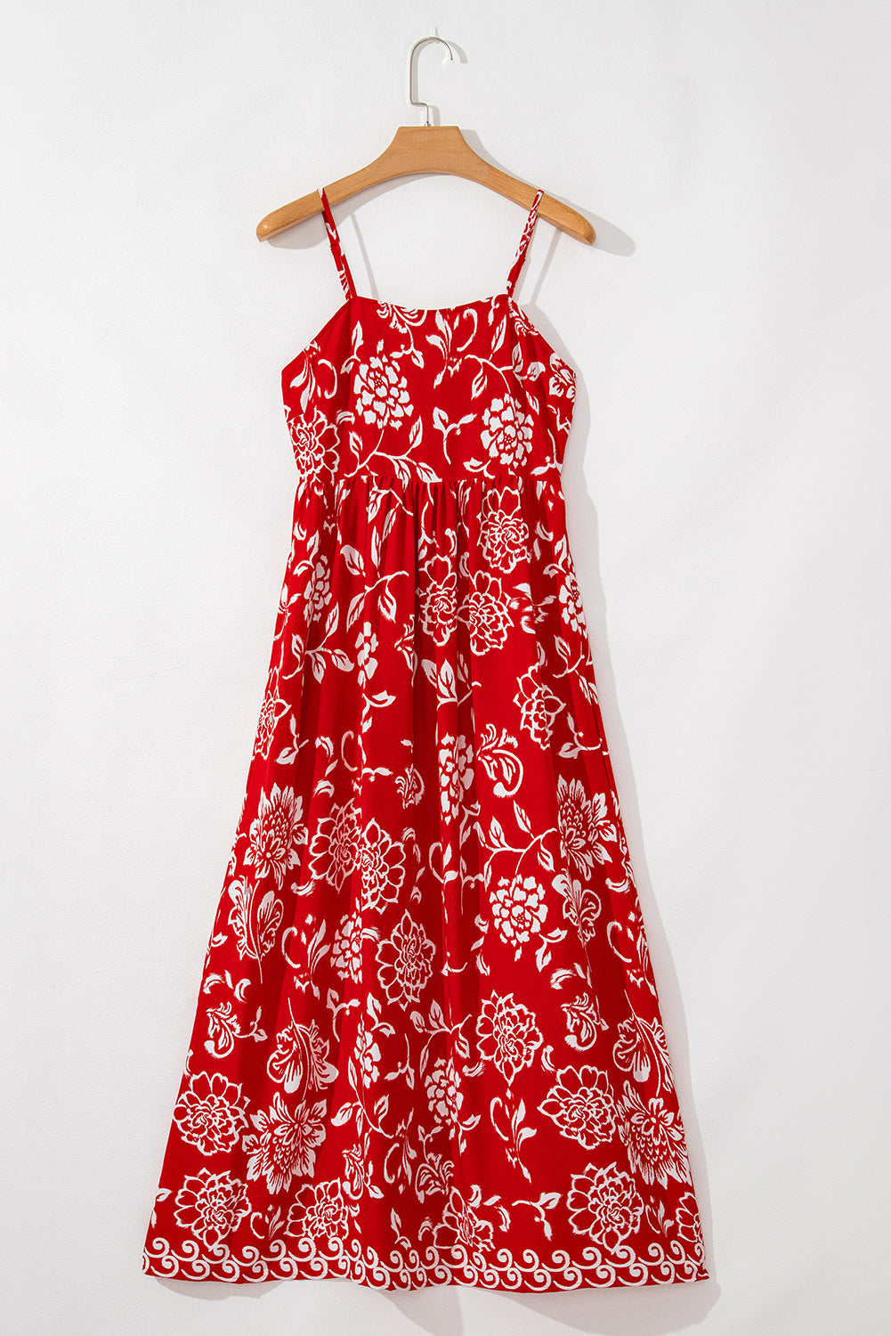 open lace back dress Red Floral Print Spaghetti Strap Empire Waist Maxi Dress Red / M