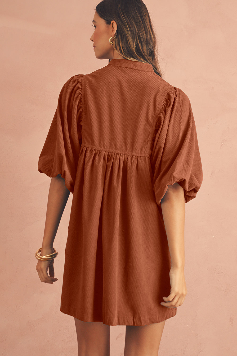 Snap Button Empire Waist Lantern Sleeve Corduroy Dress Light Blue / L Snap Button Empire Waist Lantern Sleeve Corduroy Dress Light Blue / L