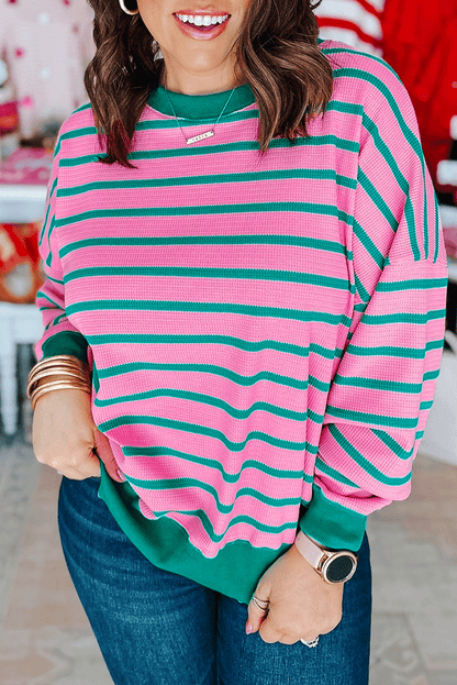 Plus Size Pink and Green Stripe Waffle Knit Shirt