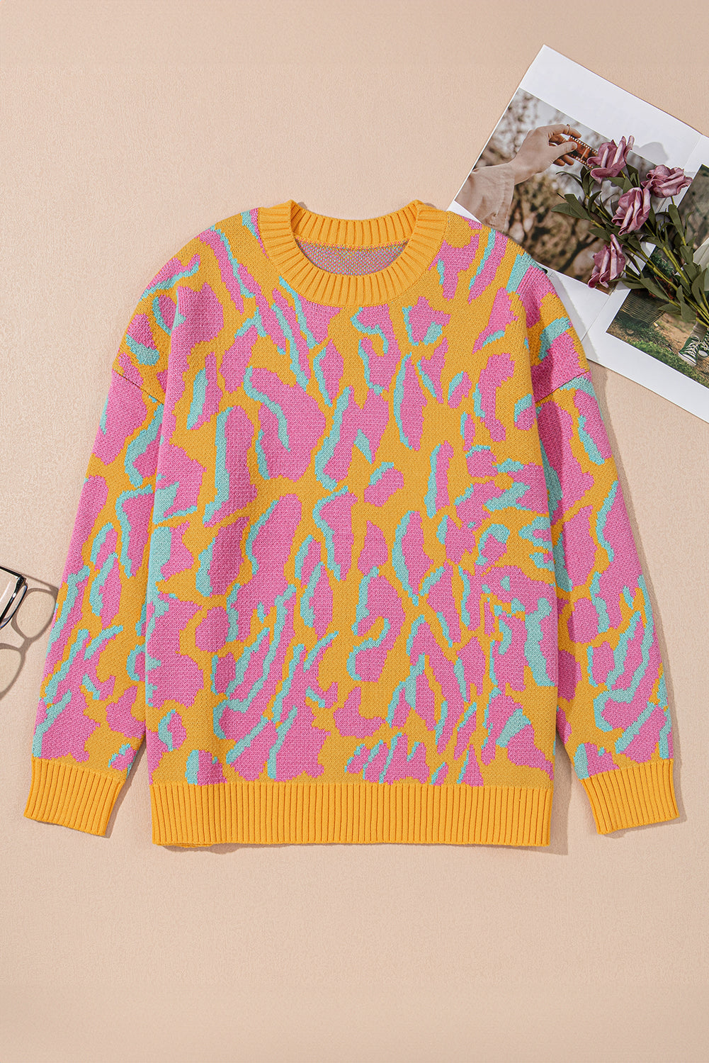 Plus Size Pink and Yellow Leopard Ribbed Trim Sweater