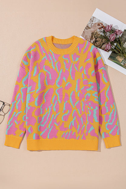 Plus Size Pink and Yellow Leopard Ribbed Trim Sweater
