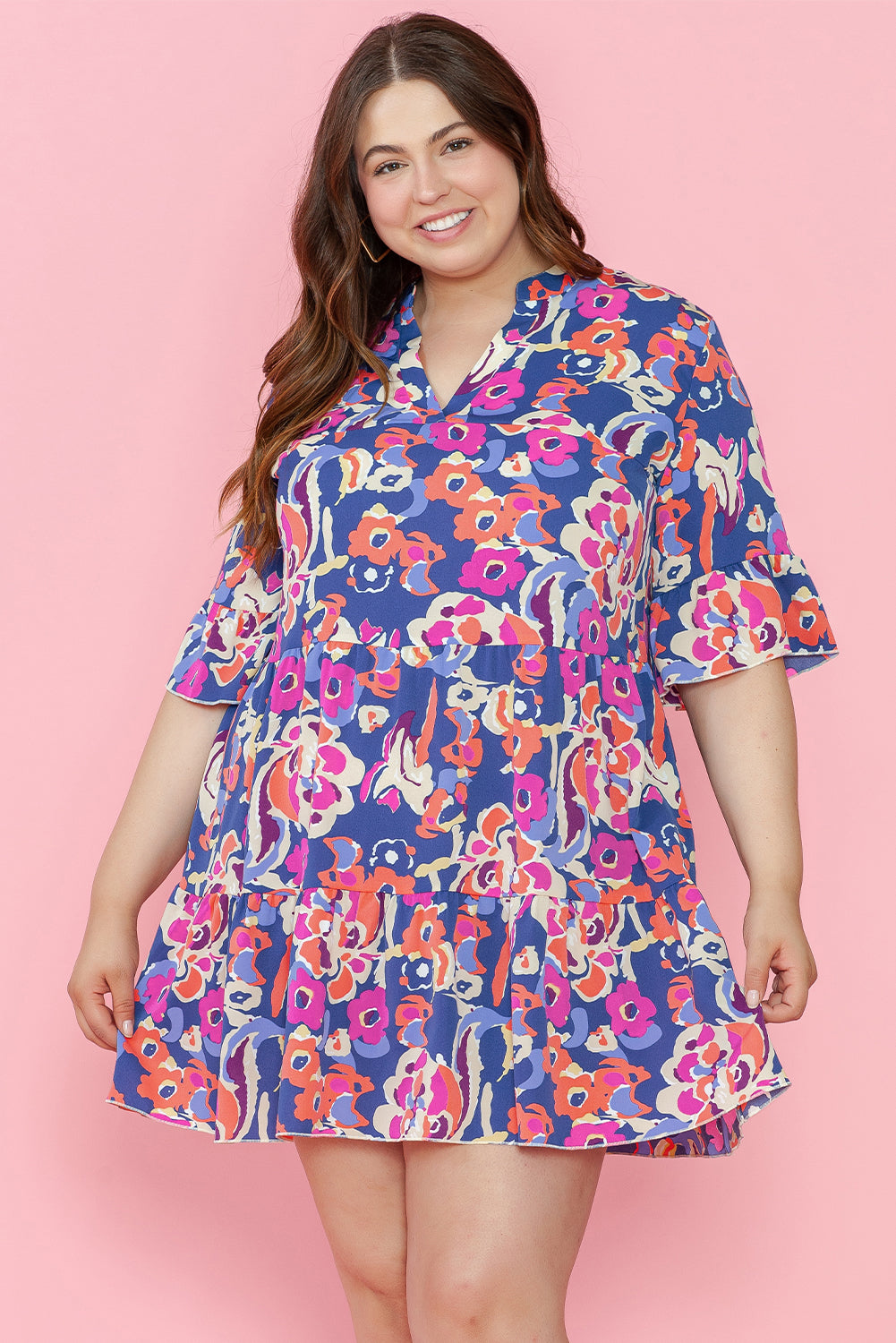 Plus Size Blue Floral Print Ruffled 3/4 Sleeve Mini Dress
