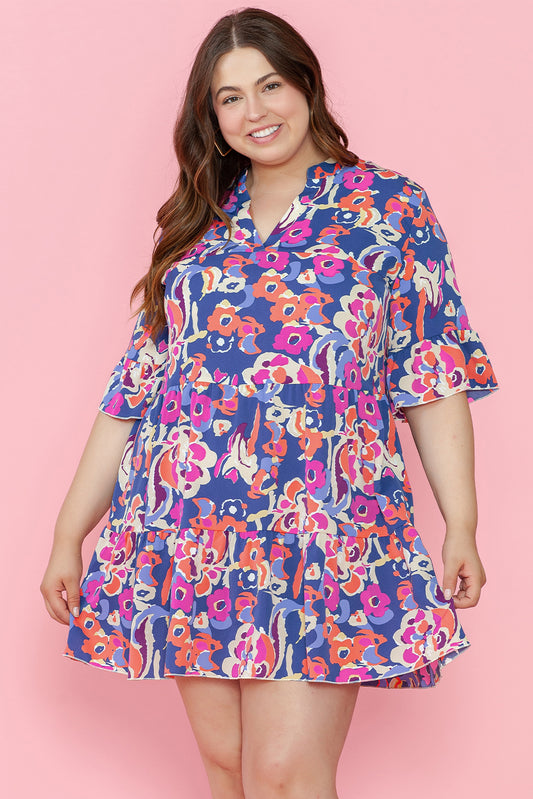 Plus Size Blue Floral Print Ruffled 3/4 Sleeve Mini Dress