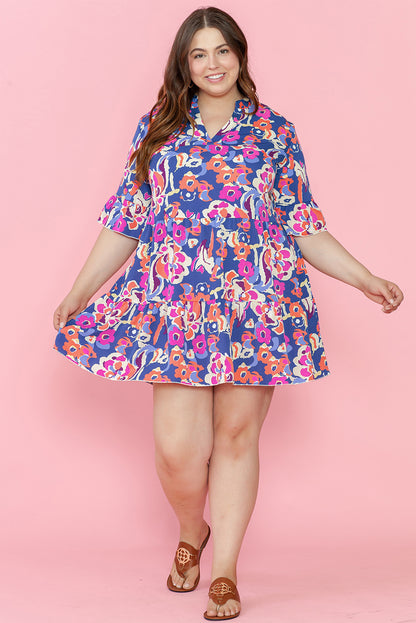 Plus Size Blue Floral Print Ruffled 3/4 Sleeve Mini Dress