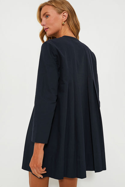 Dark Blue Plain V Neck Pleated Short Dress