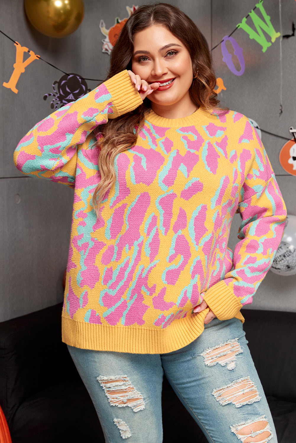 Plus Size Pink and Yellow Leopard Ribbed Trim Sweater