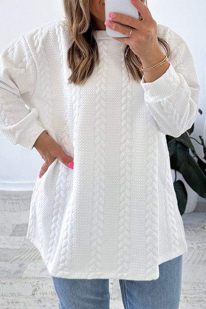 Plus Size White Textured Loose Long Sleeve Top