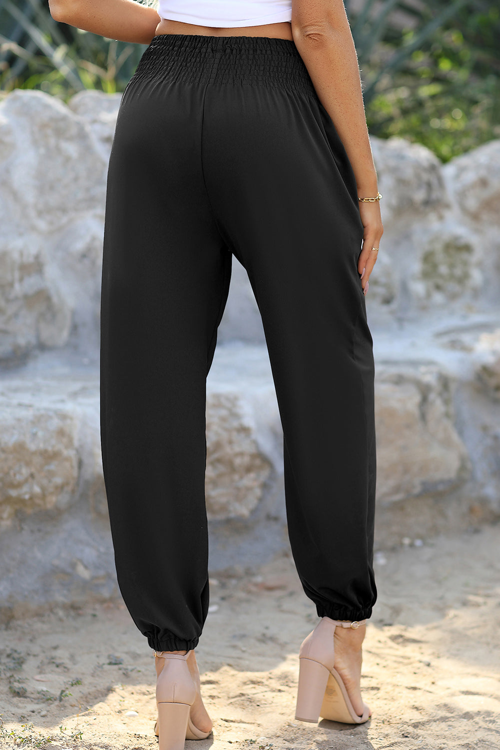 Black Pocket Smocked High Waist Joggers