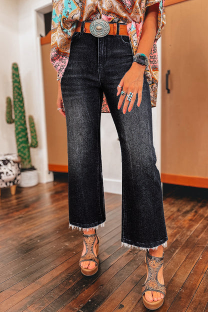 Blue Mineral Wash Raw Hem High Waist Flared Jeans