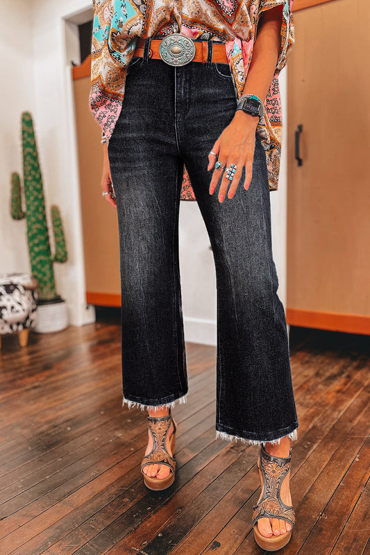 Blue Mineral Wash Raw Hem High Waist Flared Jeans