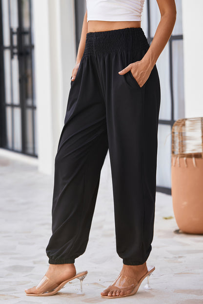 Black Pocket Smocked High Waist Joggers