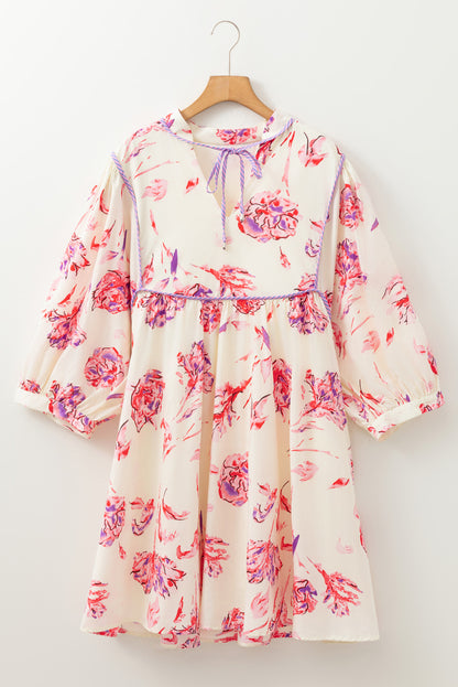 Plus Size White Floral Print Balloon Sleeve Tie Neck Mini Dress