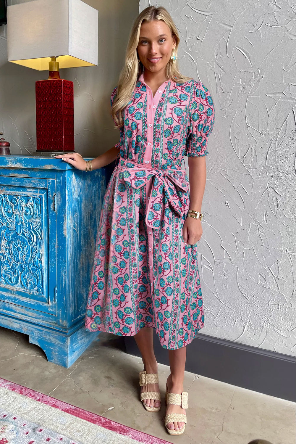 Pink Boho Floral Shirred Short Sleeve Belted Dress - Pink / L Pink Boho Floral Shirred Short Sleeve Belted Dress - Pink / L