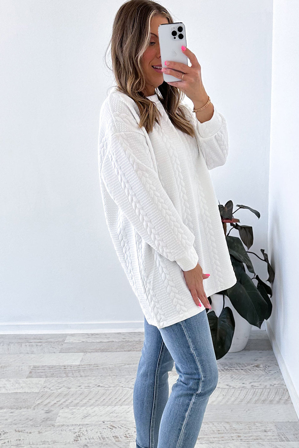 Plus Size White Textured Loose Long Sleeve Top
