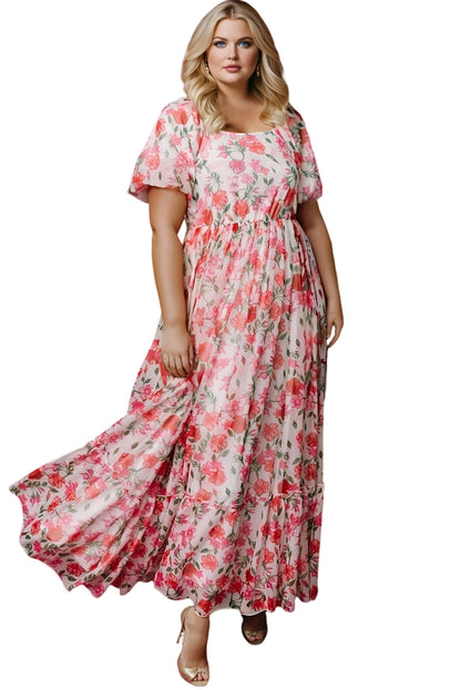 Pink Plus Size Floral Square Neck Puff Sleeve Ruffle Maxi Dress Pink / 4X Pink Plus Size Floral Square Neck Puff Sleeve Ruffle Maxi Dress Pink / 4X