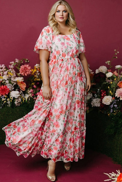 Pink Plus Size Floral Square Neck Puff Sleeve Ruffle Maxi Dress Pink / 4X Pink Plus Size Floral Square Neck Puff Sleeve Ruffle Maxi Dress Pink / 4X