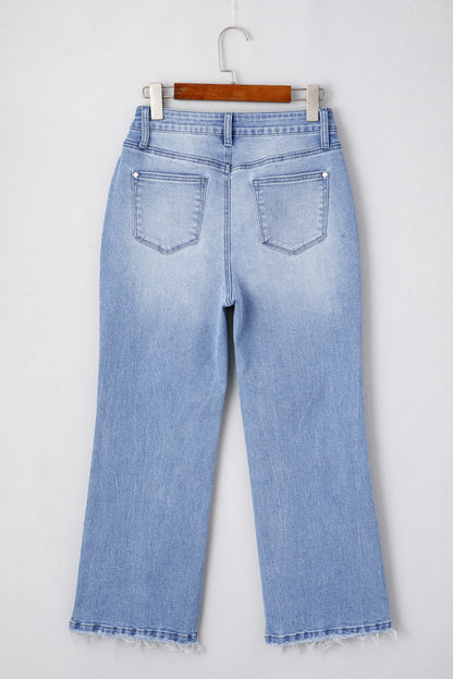 Blue Mineral Wash Raw Hem High Waist Flared Jeans