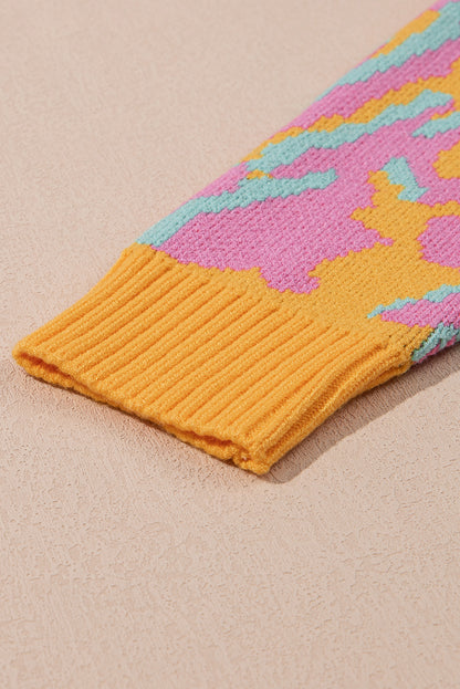 Plus Size Pink and Yellow Leopard Ribbed Trim Sweater