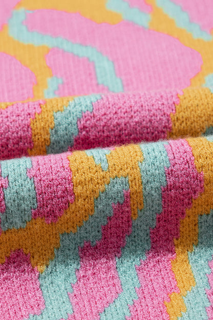Plus Size Pink and Yellow Leopard Ribbed Trim Sweater