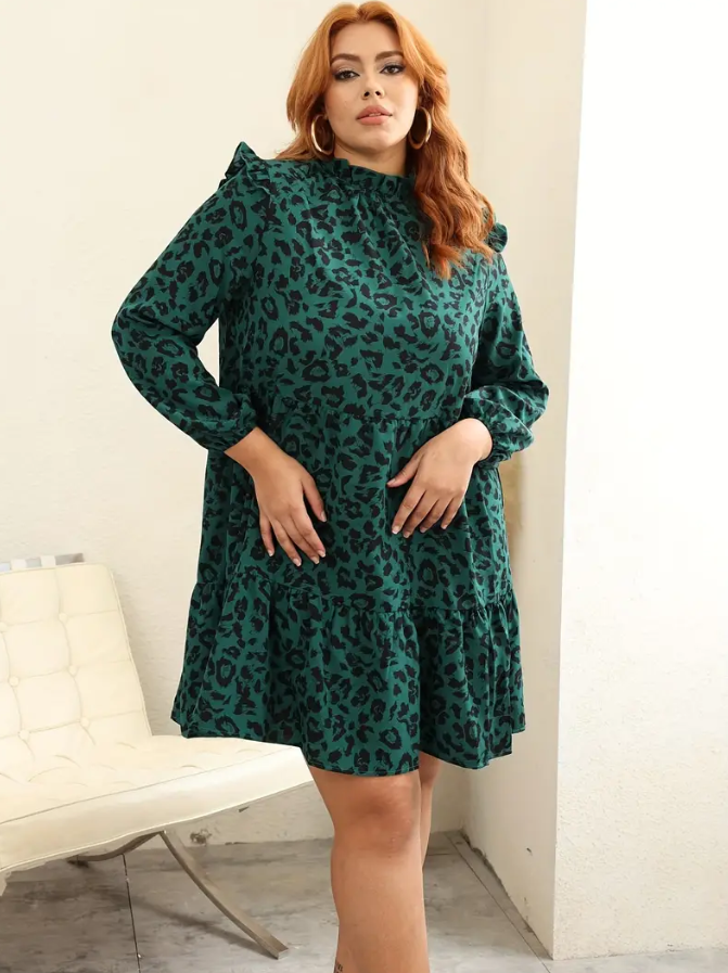 Plus Size Leopard Print Ruffle Trim Mock Neck Dress 5XL Plus Size Leopard Print Ruffle Trim Mock Neck Dress 5XL