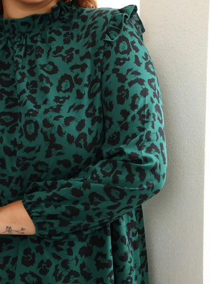 Plus Size Leopard Print Ruffle Trim Mock Neck Dress 5XL Plus Size Leopard Print Ruffle Trim Mock Neck Dress 5XL