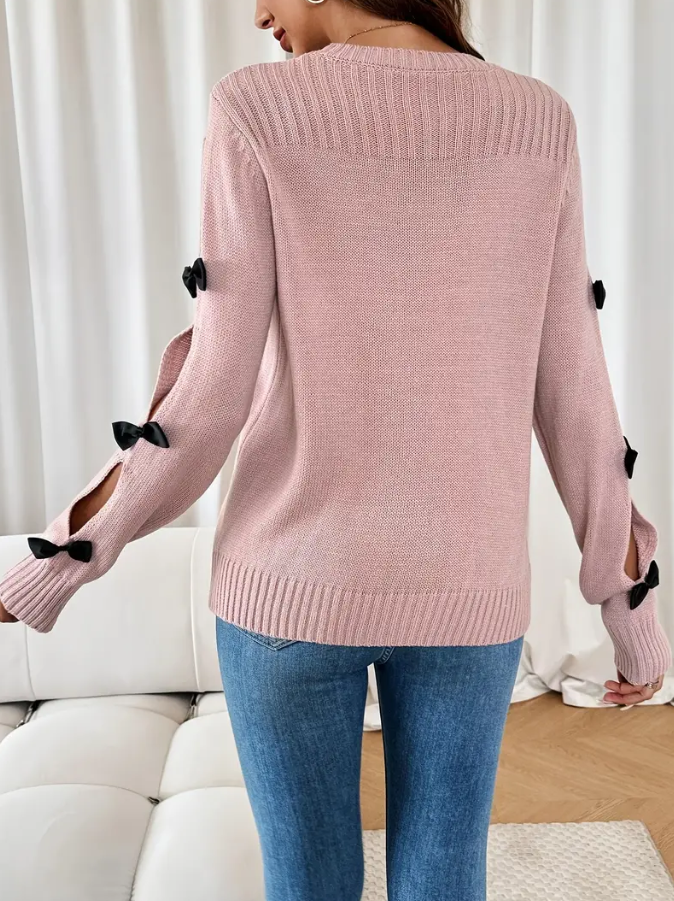 Pale Pink Bow Detail Long Sleeve Sweater