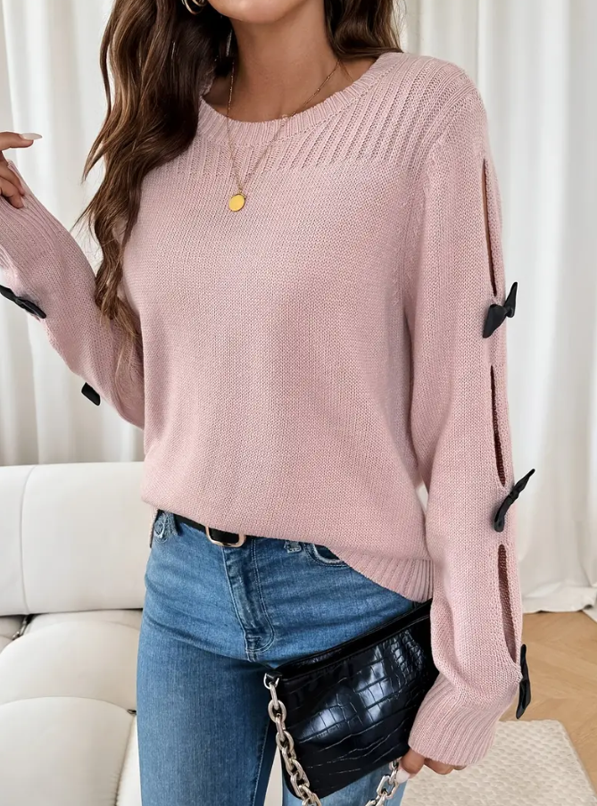 Pale Pink Bow Detail Long Sleeve Sweater