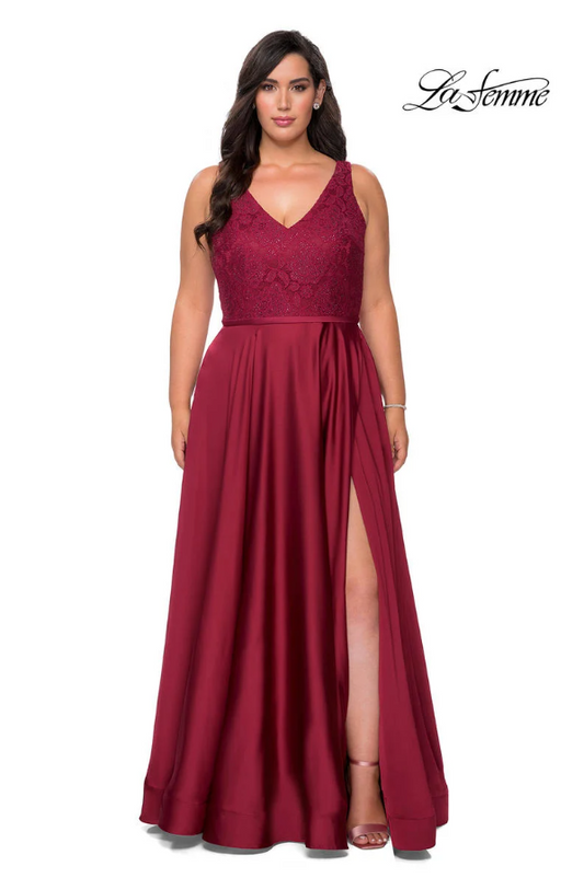 Lace and Satin High Slit Plus Size Dress by LaFemme