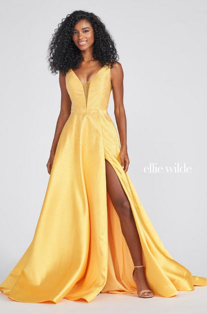 A-line silhouette with a plunging V-neck neckline by Ellie Wilde