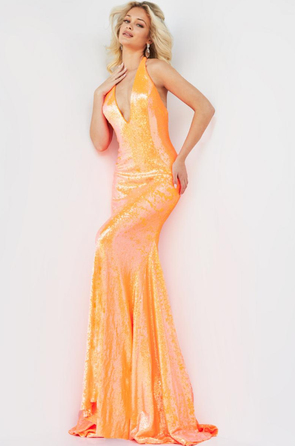 Iridescent Orange Halter Neck Mermaid Dress by Jovani