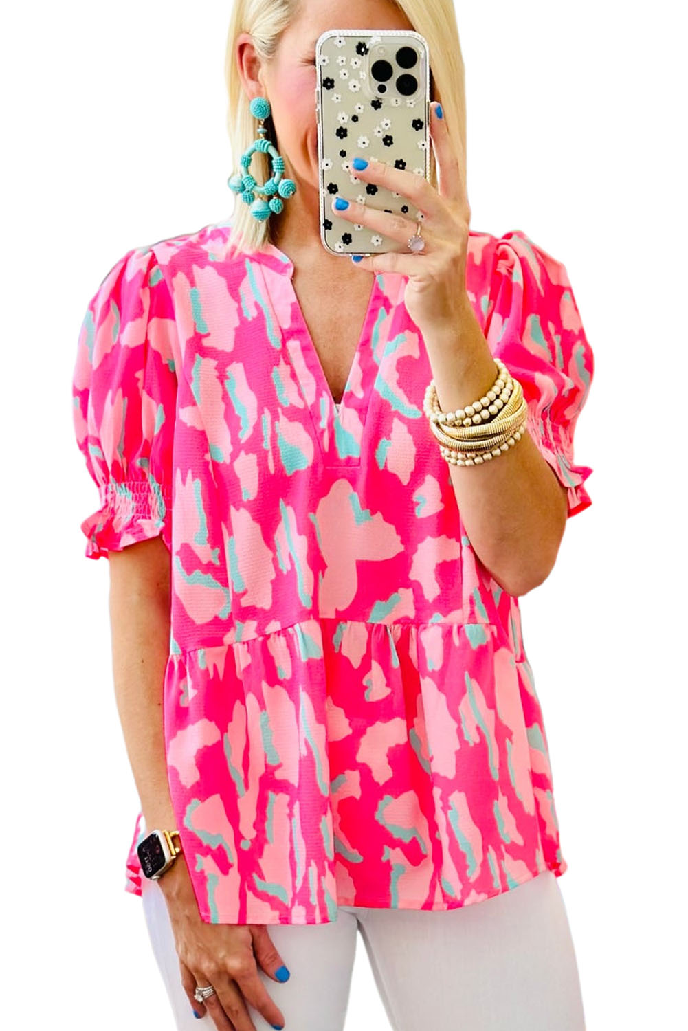 Plus Size Rose Abstract Print Puff Sleeve V Neck Blouse