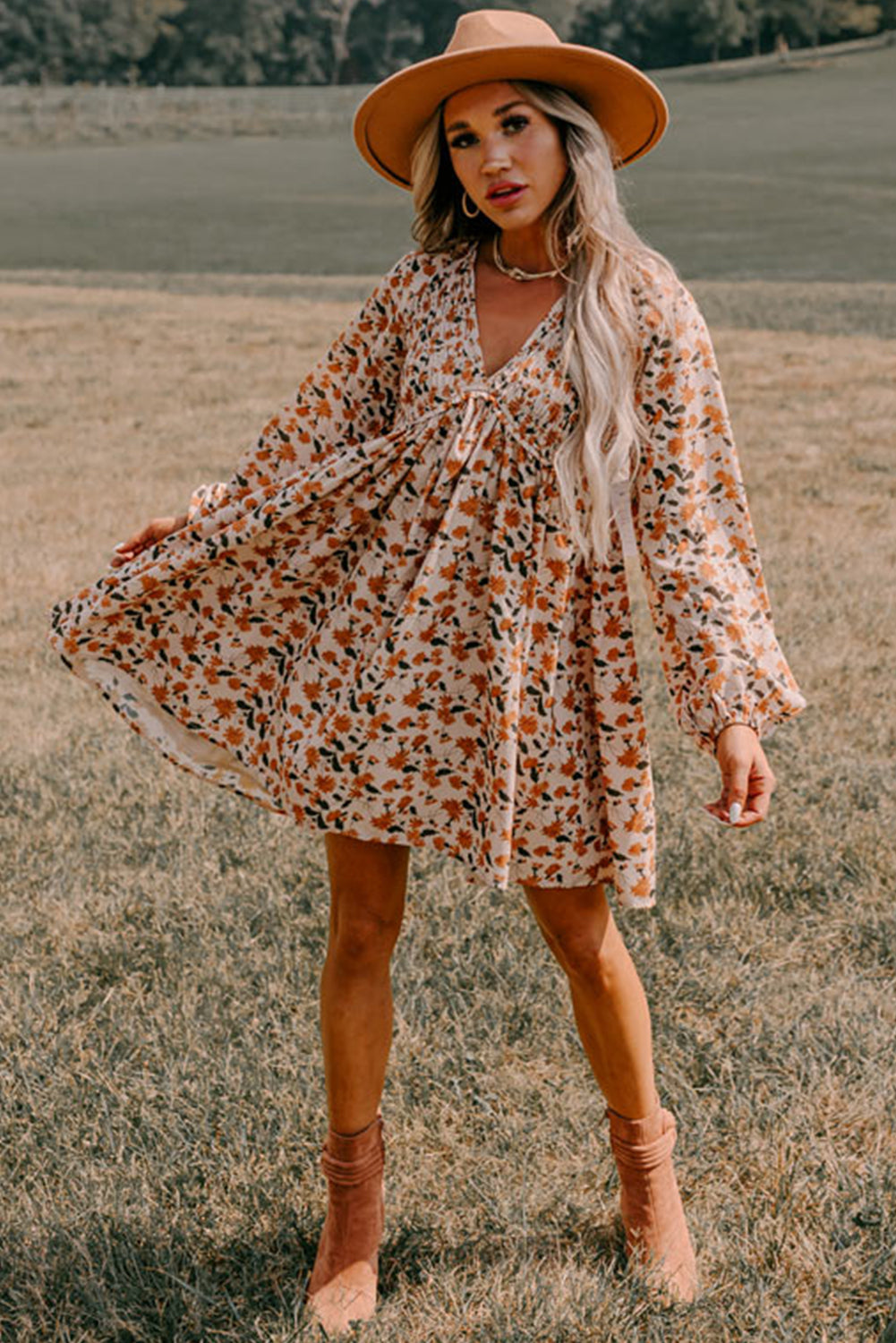Beige Floral Deep V Neck Smocked Bust Bubble Sleeve Babydoll Dress Beige / M / 100%Viscose Beige Floral Deep V Neck Smocked Bust Bubble Sleeve Babydoll Dress Beige / M / 100%Viscose
