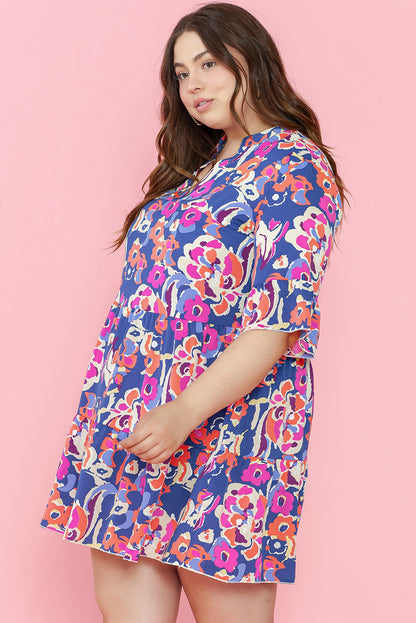 Plus Size Blue Floral Print Ruffled 3/4 Sleeve Mini Dress