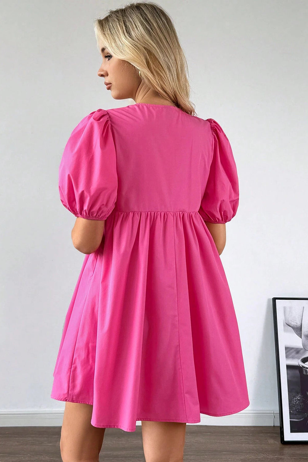 Bright Pink Solid Color Puff Sleeve Tie Front High Waist Mini Dress - Sunny Angela Bright Pink / S Bright Pink Solid Color Puff Sleeve Tie Front High Waist Mini Dress - Sunny Angela Bright Pink / S