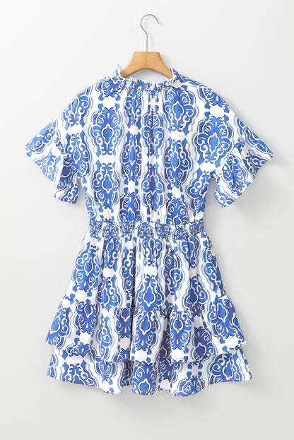 Blue Vintage Floral Print Wide Ruffled Sleeve Dress
