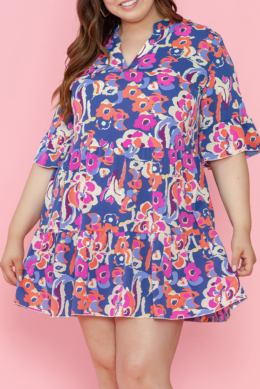 Plus Size Blue Floral Print Ruffled 3/4 Sleeve Mini Dress