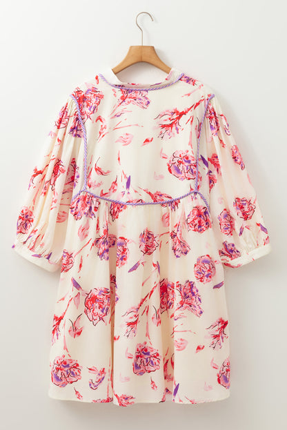 Plus Size White Floral Print Balloon Sleeve Tie Neck Mini Dress