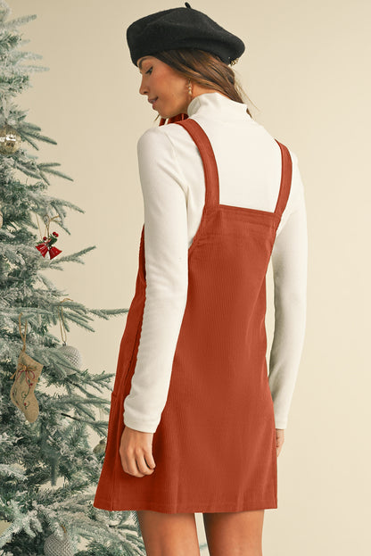 Plain Corduroy Pockets Overall Dress